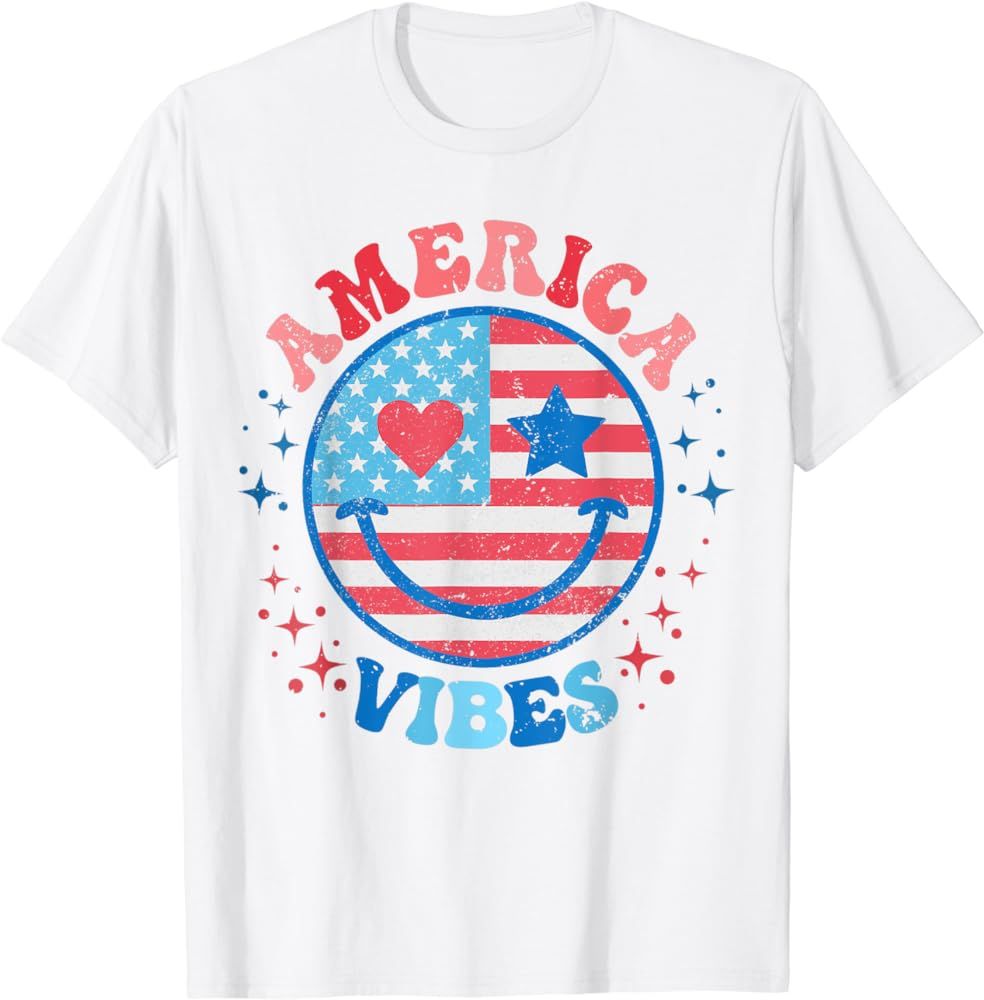 America Vibes Smile Face American Flag 4th Of July Groovy T-Shirt | Amazon (US)