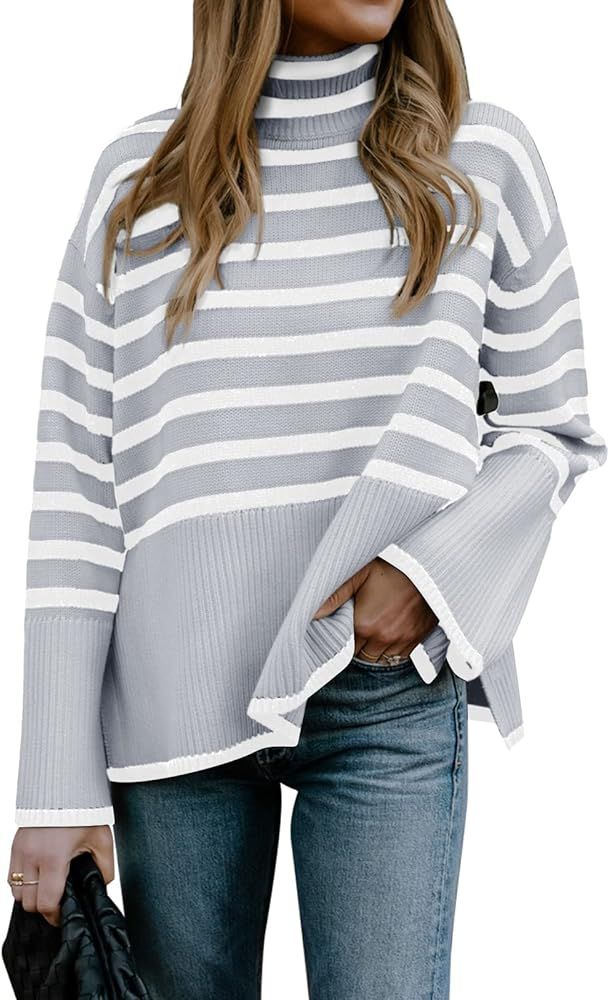 Gyrans 2023 Women's Long Sleeve Striped Sweater Turtleneck Casual Loose Side Split Ribbed Knit Ov... | Amazon (US)