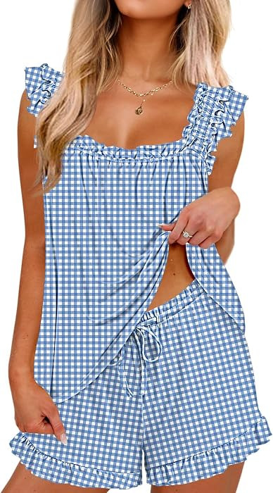 Ekouaer Pajama for Women Set 2 Piece Ruffle Pjs Soft Tank Top and Shorts | Amazon (US)