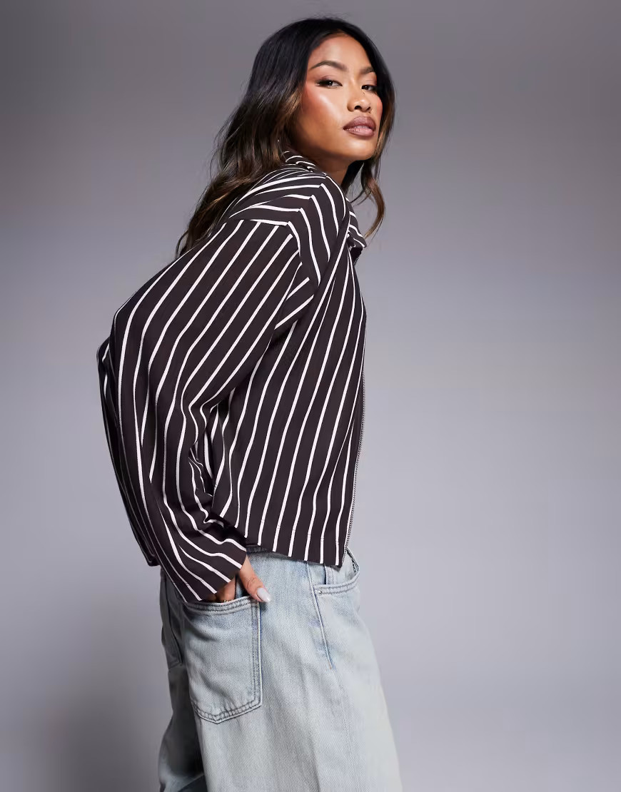 ASOS DESIGN zip front jacket in chocolate and white stripe-Multi | ASOS (Global)