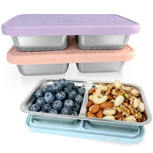 Mostdream 3 Pack 15 oz Stainless Steel Snack Containers for Kids, Reusable Metal Snack Containers with Silicone Lids, 2 Compartment Stackable Metal Toddler Lunch Box for Daycare, School and Outdoor | Amazon (US)