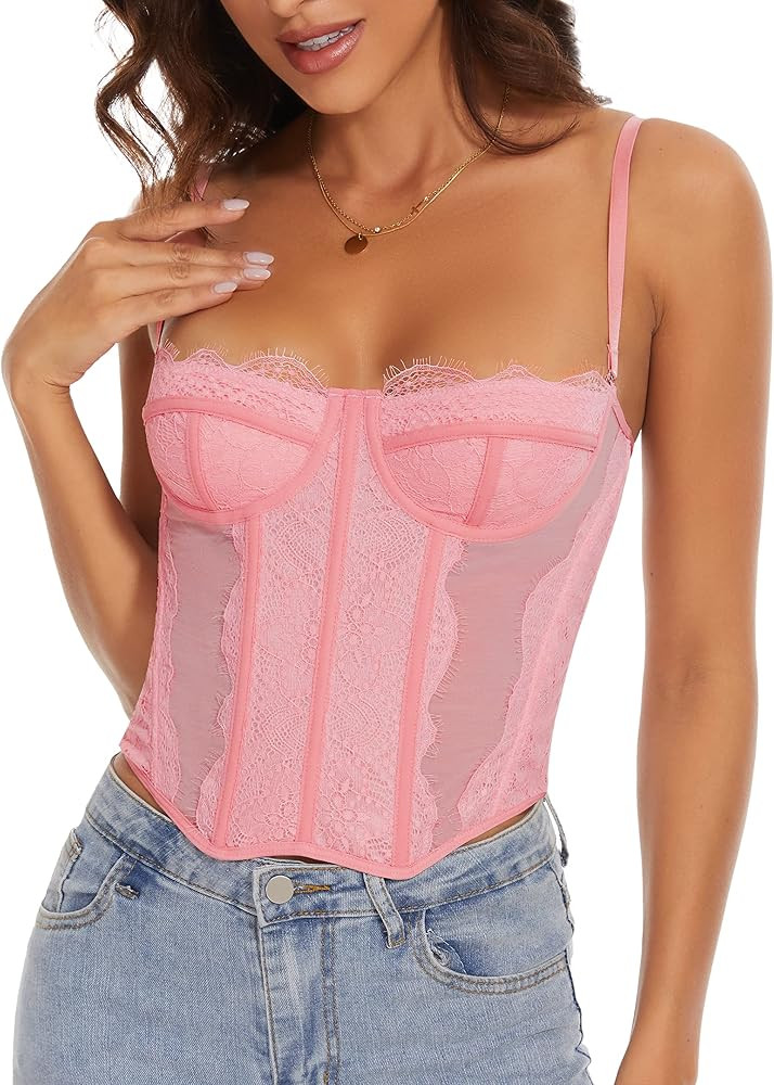 Fengbay Lace Bustier Corset Tops Sexy Going Out Tops for Women Sheer Spaghetti Straps Party Tops ... | Amazon (US)