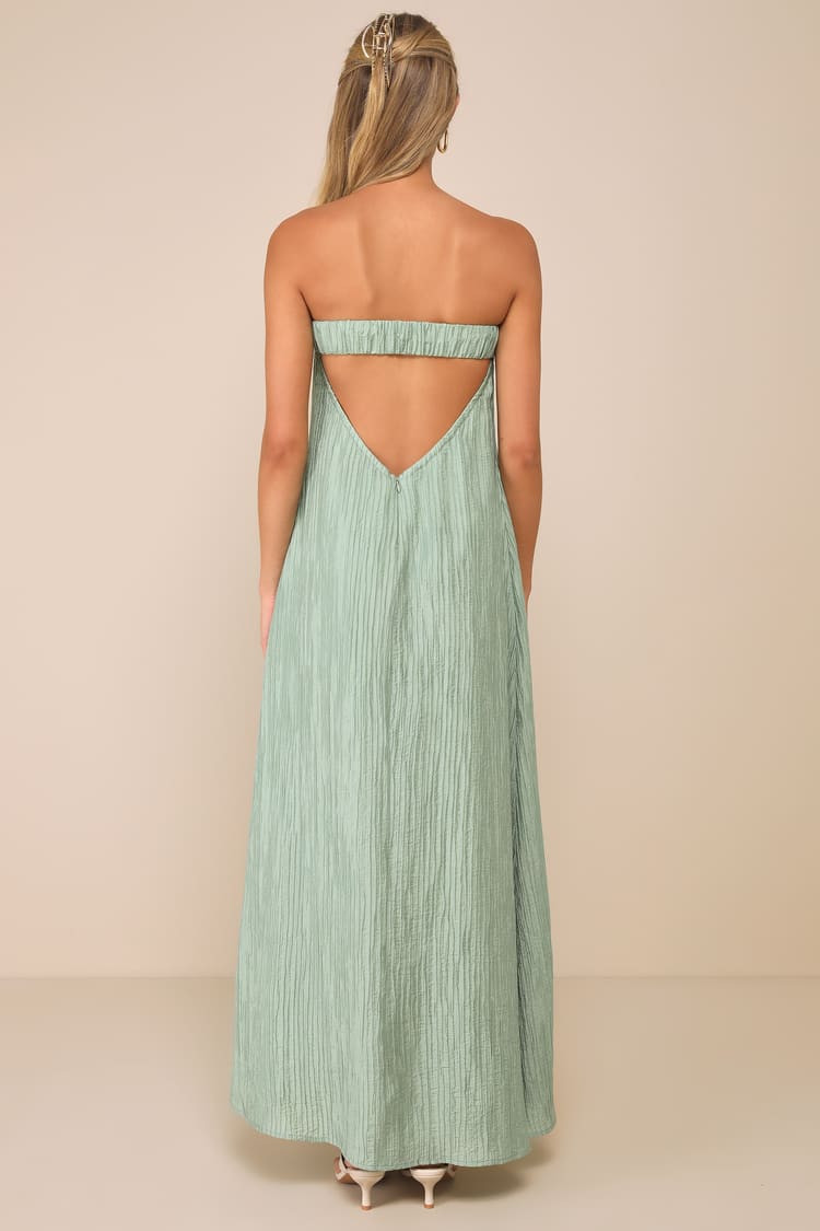Radiant Season Sage Green Plisse Cutout Strapless Maxi Dress | Lulus
