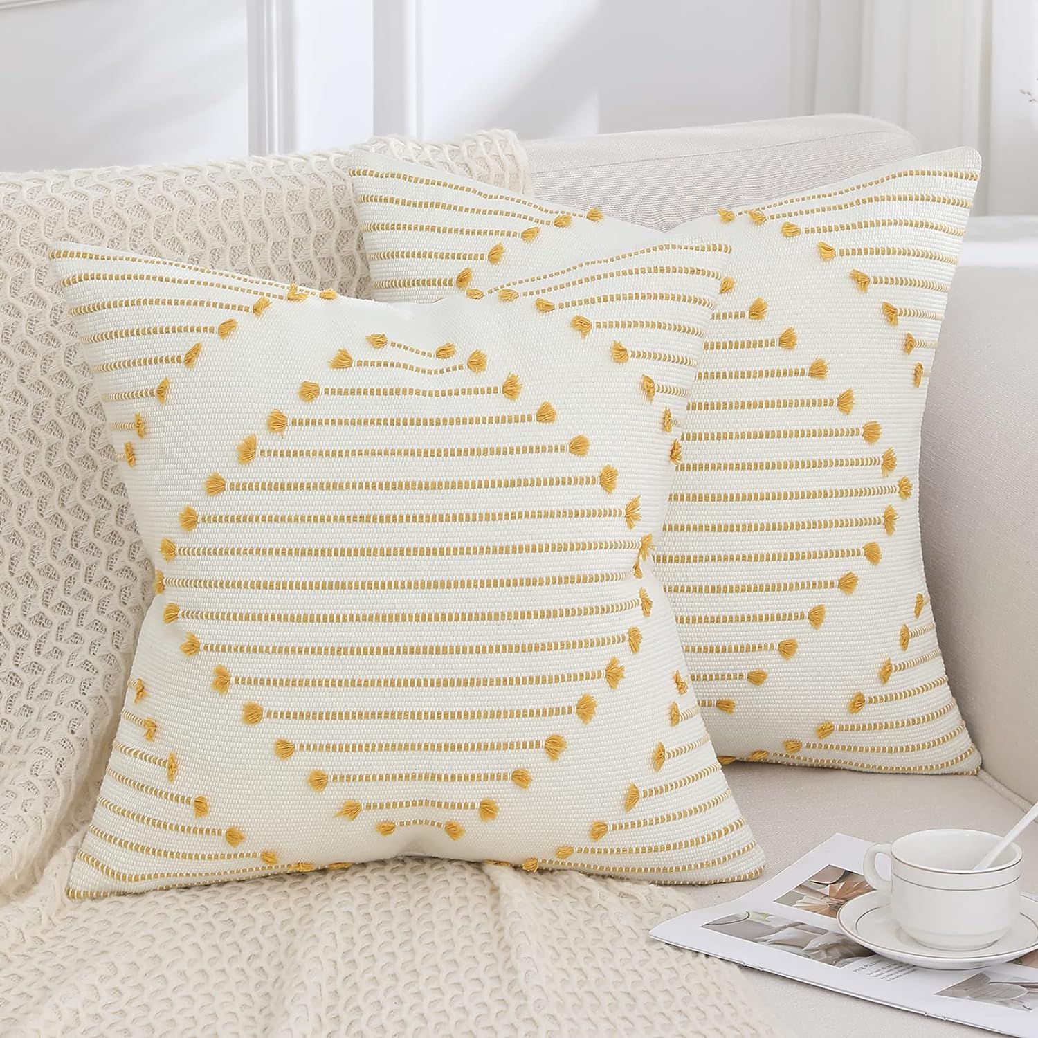 Mecatny Boho Throw Pillow Covers Yellow and White Pillow Covers 18X18 Set of 2 Farmhouse Decorati... | Amazon (US)