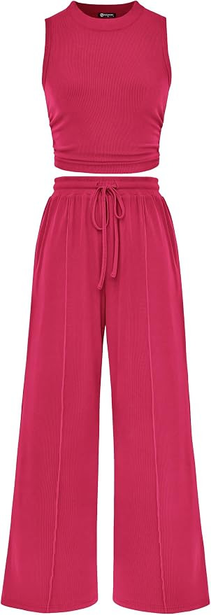 PRETTYGARDEN 2 Piece Travel Sets for Women Summer Casual | Matching Airport Outfit, Sleeveless Ri... | Amazon (US)