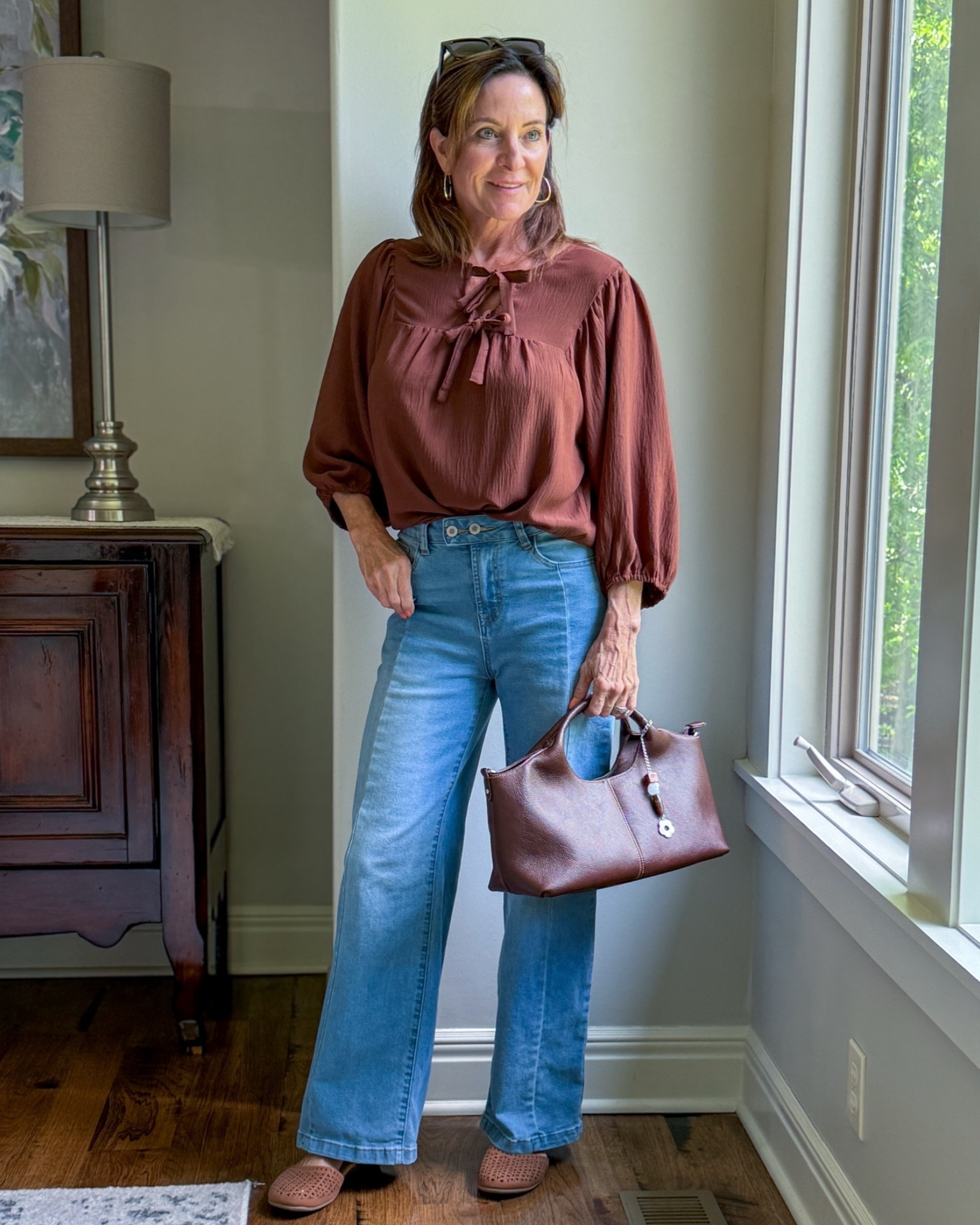 Everyday casual outfit with a lightweight tie front blouse and denim jeans. My go to for running errands today. 

#casualoutfit #everydaystyle #weekendoutfit