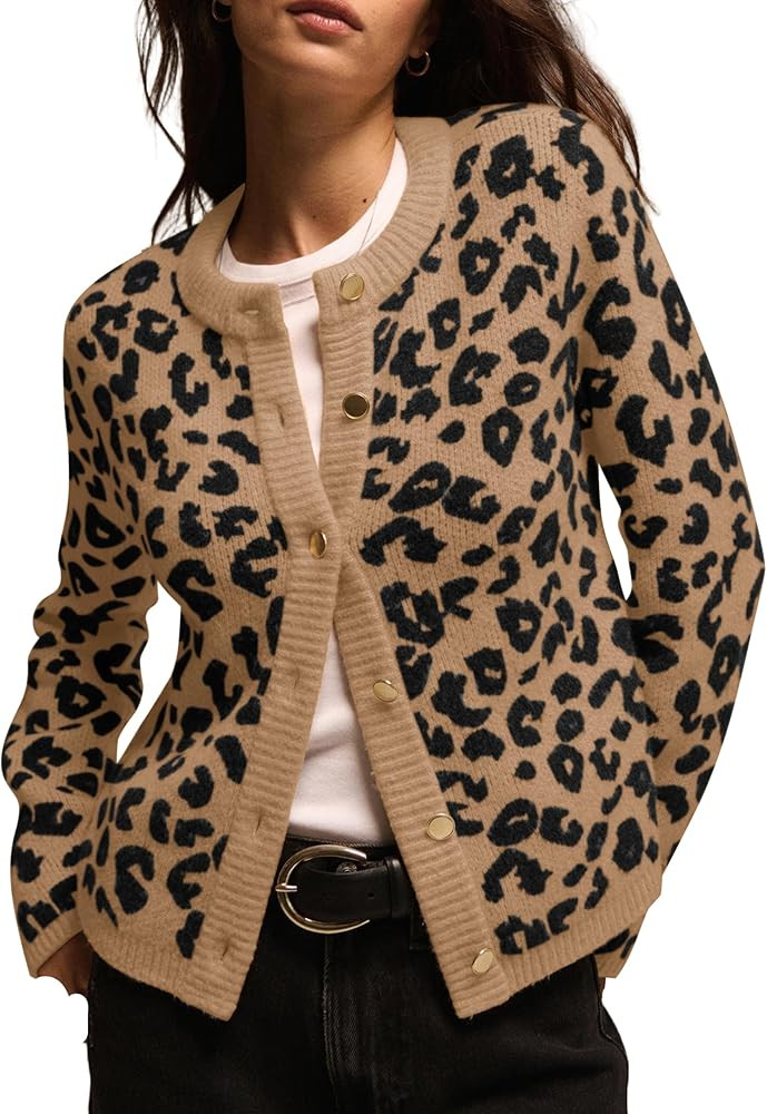 Leopard Cardigan Sweaters for Women Cheetah Print Open Front Button Down Long Sleeve Casual Knit ... | Amazon (US)