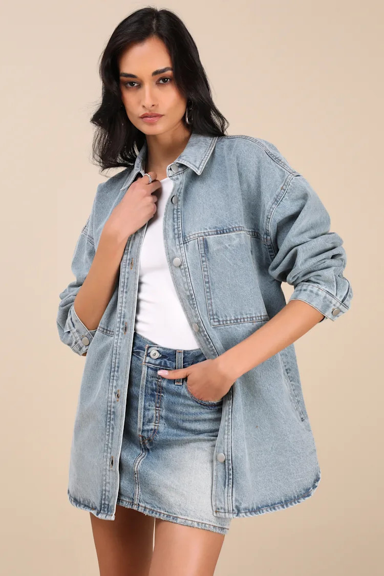 Callahan Light Wash Denim Oversized Shacket | Lulus