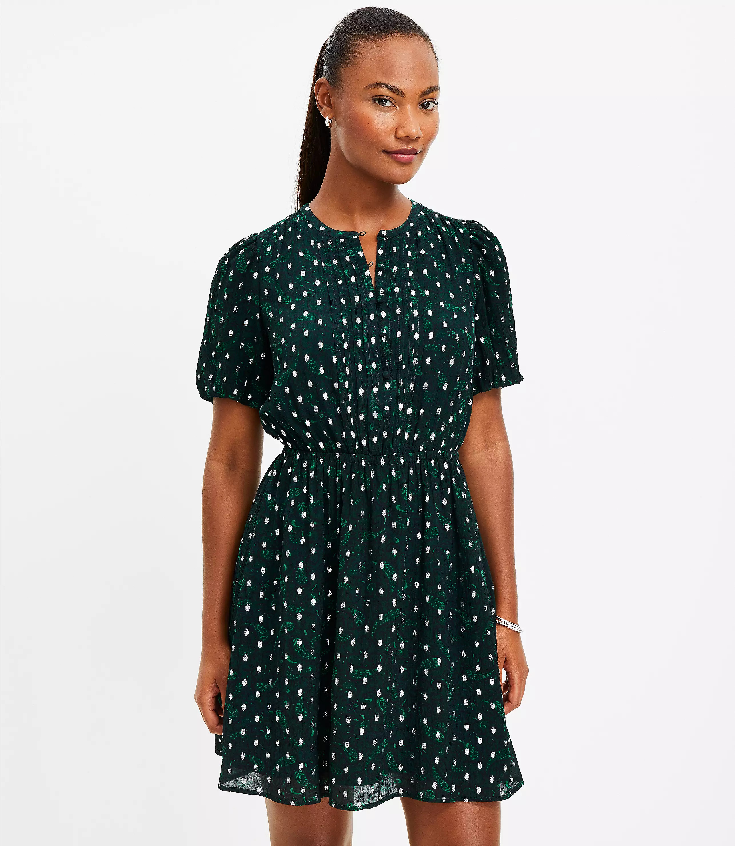 Metallic Clip Pintucked Flare Dress | LOFT