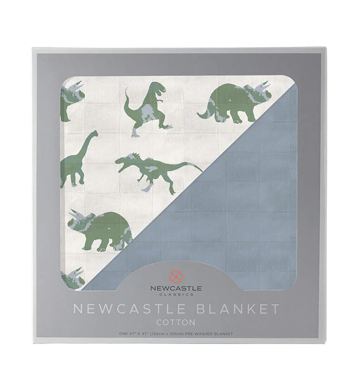 Granite Green Dinosaurs and Blue Fog Cotton Newcastle Blanket | Newcastle Classics