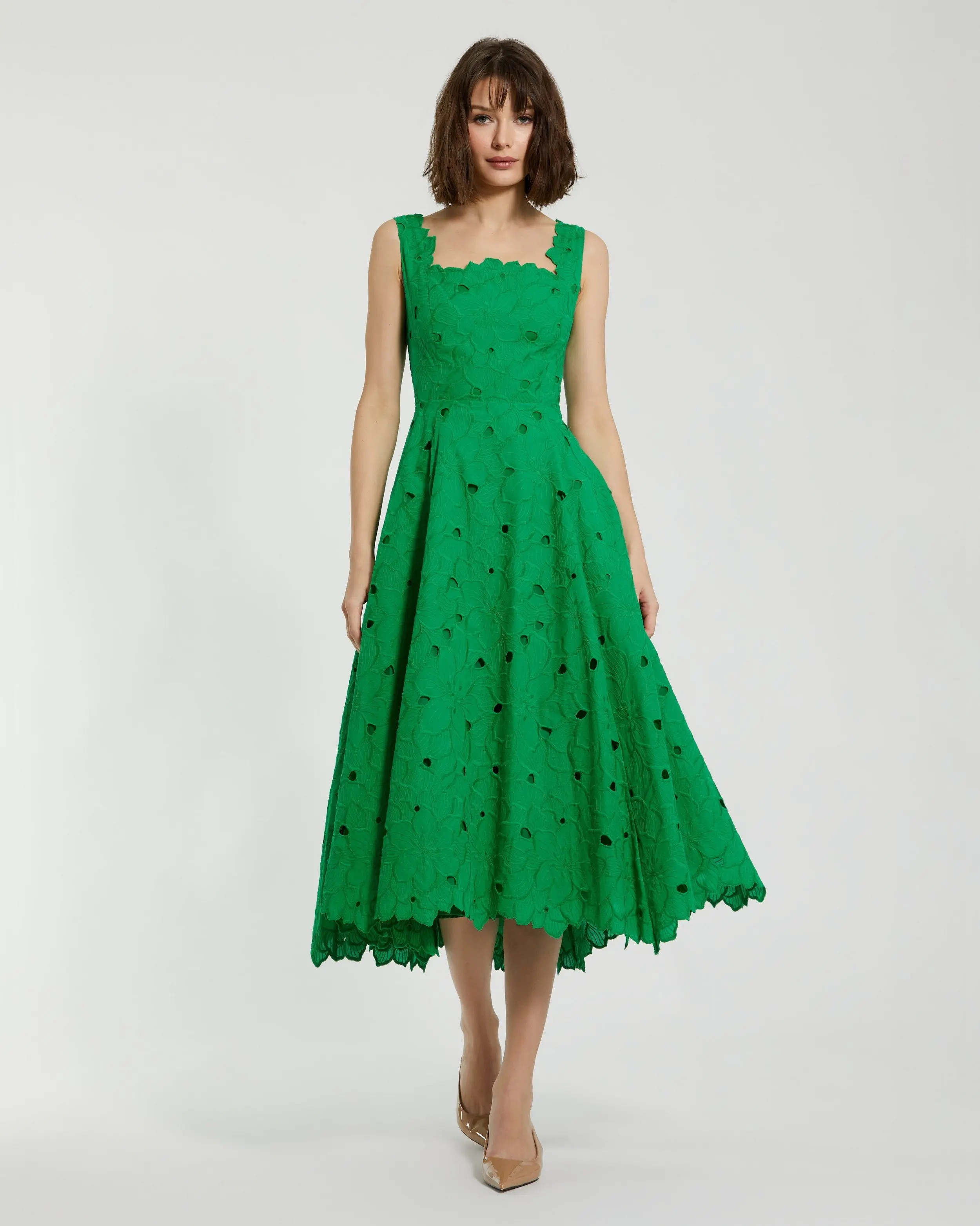 Green Embroidered Cotton A-Line Midi Dress | Mac Duggal | Mac Duggal