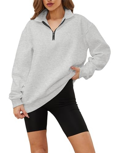 Meladyan Womens Half Zip Sweatshirt Oversized Long Sleeve Collar Drop Shoulder Solid 1/4 Zipper Pullover Jacket Grey | Amazon (US)