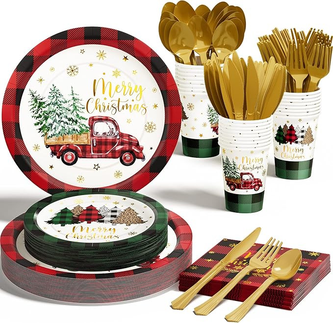 Christmas Party Decorations Supplies - 175 PCS Christmas Xmas Disposable Dinnerware Set(25 Guest)... | Amazon (US)