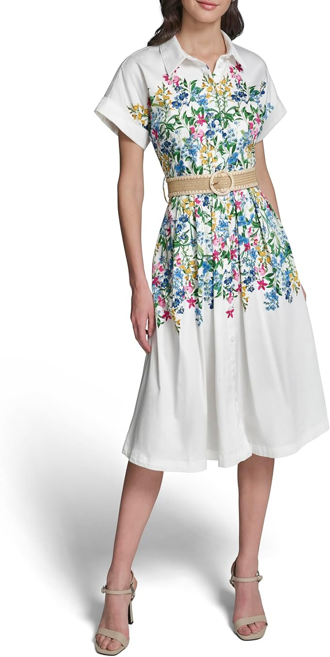 Karl Lagerfeld Women's Short Sleeve Collared Neck Placed Floral Belted Button Down Midi Dress | Amazon (US)