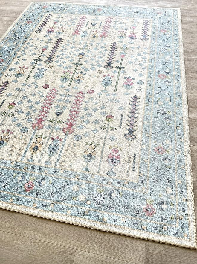 Cream Blue Oushak Rug, Modern, Vintage, Turkish, Eclectic, Floral, Pastel, Washable, Large Area R... | Amazon (US)