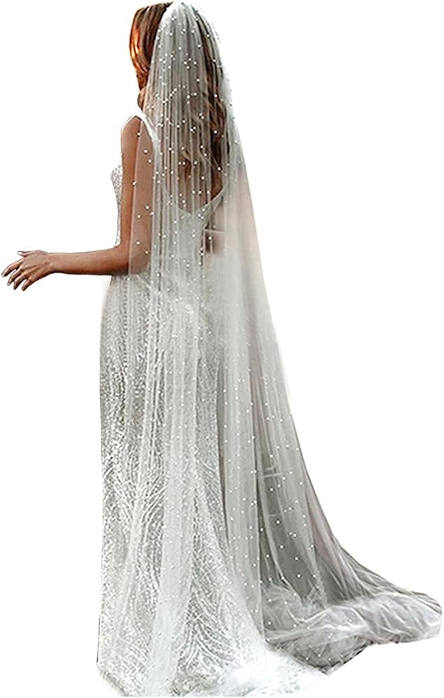 chrumeshi Long Wedding Bride Veil Pearl Chapel Length Veils For Women With Comb | Amazon (US)