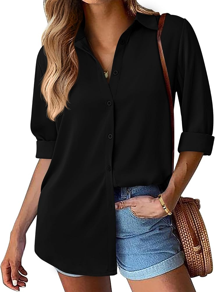 BTFBM Button Down Satin Blouses for Women Dressy Casual Lapel V Neck Long Sleeve Shirts Loose Bus... | Amazon (US)