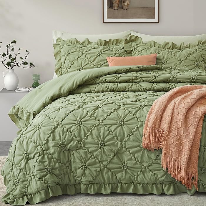 BEDAZZLED Queen Size Comforter Sets, Green Bedding Comforter Set, 3 Pieces Pinch Pleat Bedding Se... | Amazon (US)