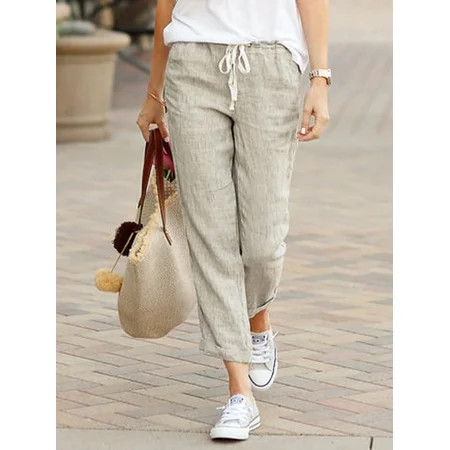 New Fashion Women's Solid Color Loose Casual Drawstring Elastic Waist Cotton and Linen Cropped Pants | Walmart (US)