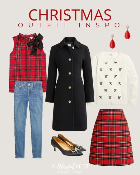 Casual or dressy holiday outfits, mix and match, dress up or dress down! 
Black, white and red plaid, blue jeans, denim jeans, high heels with bow, black pumps, skirt, plaid skirt, sweater with bows, black coat, black wool coat, black pea coat, winter coat, dressy coat, church attire, holiday portraits, family photos, Christmas outfit, Christmas dinner, j.crew factory 

#LTKSeasonal #LTKHoliday #LTKsalealert