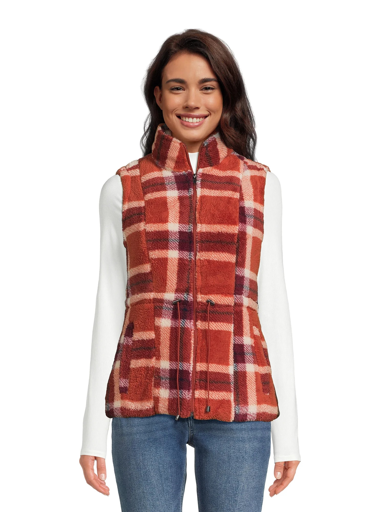 Jason Maxwell Women's Teddy Plaid Full Zip Vest with Drawstring Waist, Size S-XL | Walmart (US)