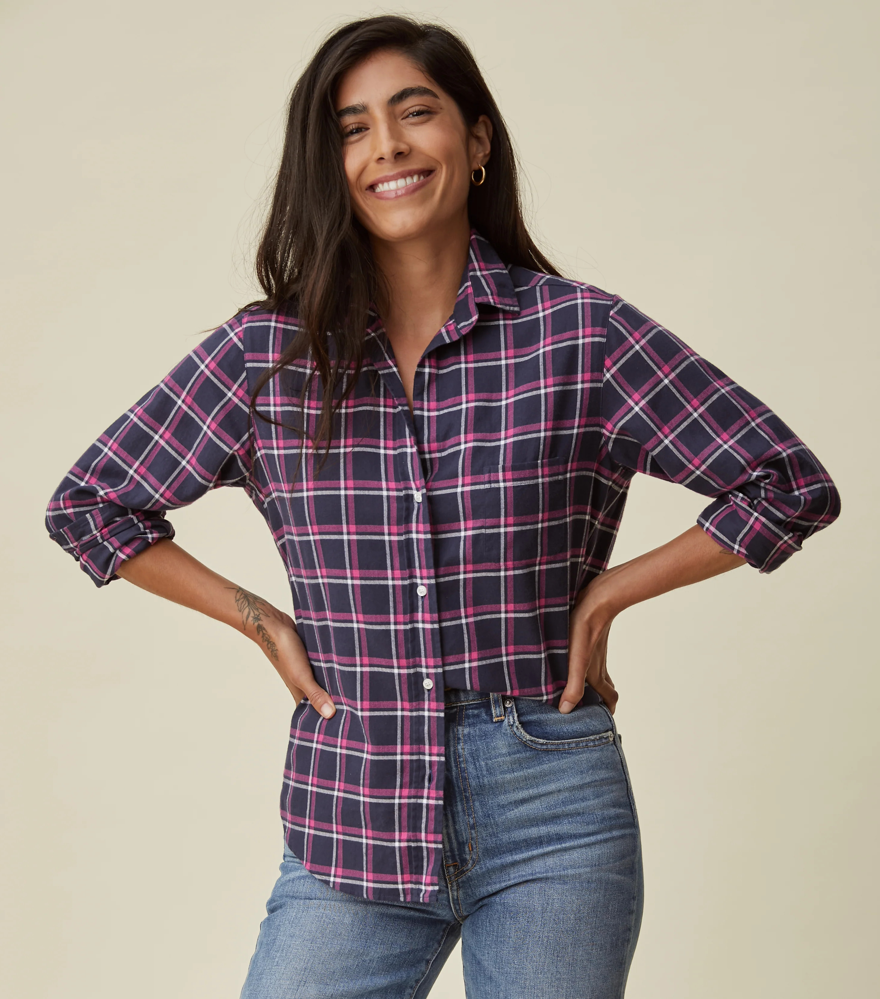 The Hero Button-Up Shirt Navy, Pink, and White Plaid, Feathered Flannel | Grayson
