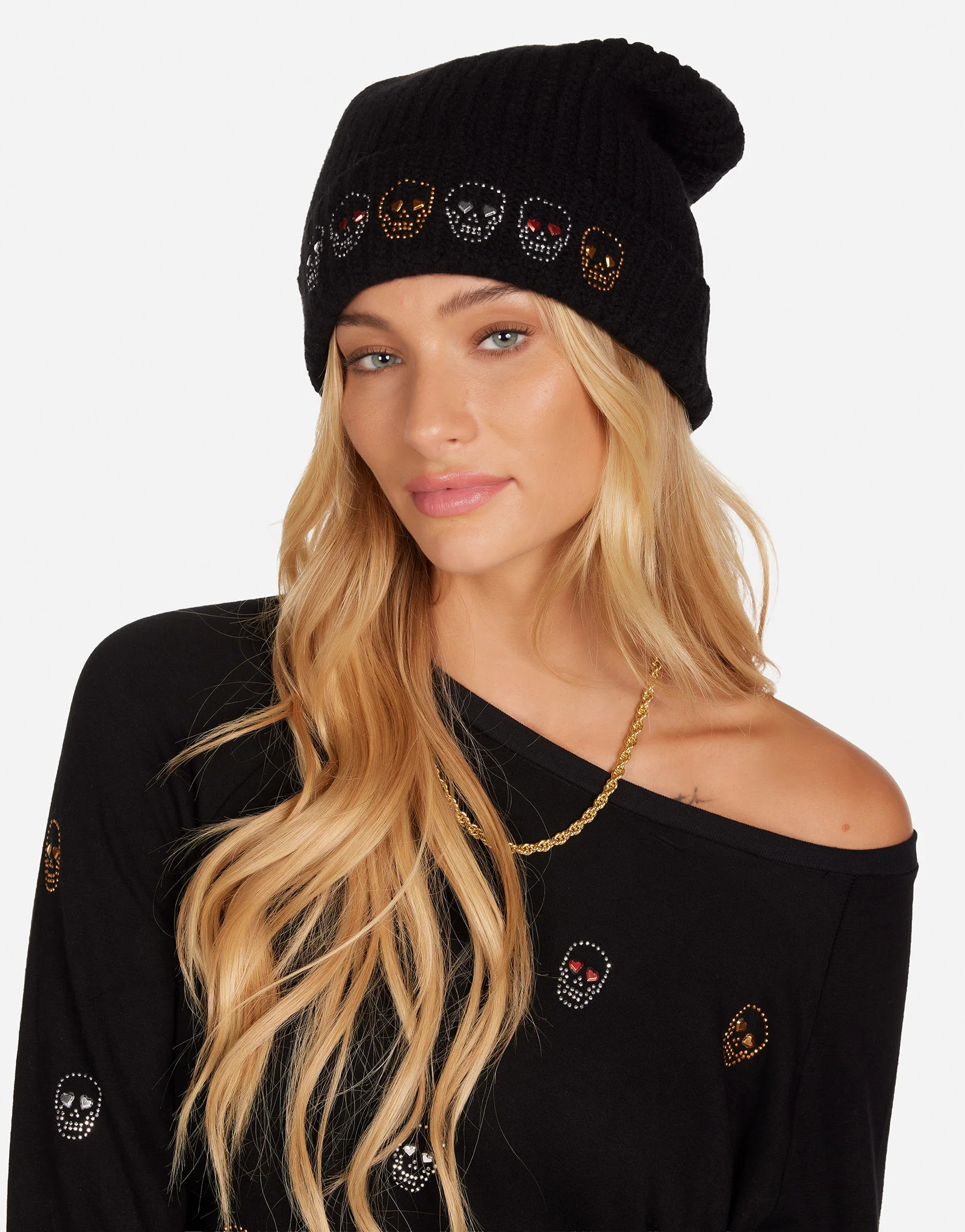 Stud Heart Eye Skulls Cashmere Beanie in Black | Blix by Lauren Moshi | Lauren Moshi