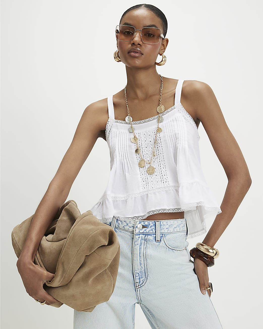 Cream Cotton Lace Trim Cami | River Island UK & IE