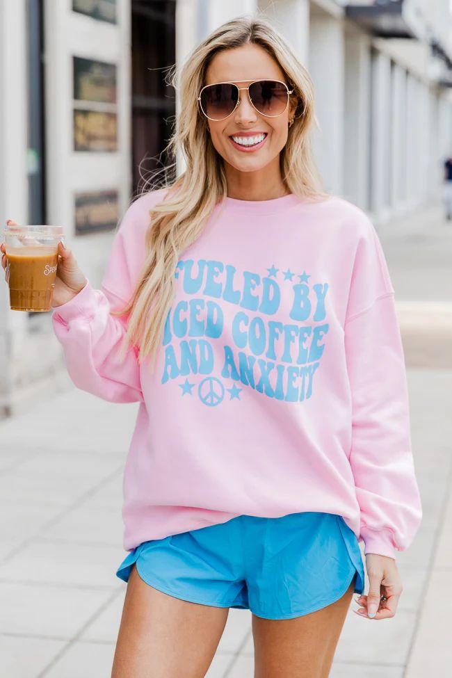 Fueled by Iced Coffee and Anxiety Light Pink Oversized Graphic Sweatshirt | Pink Lily