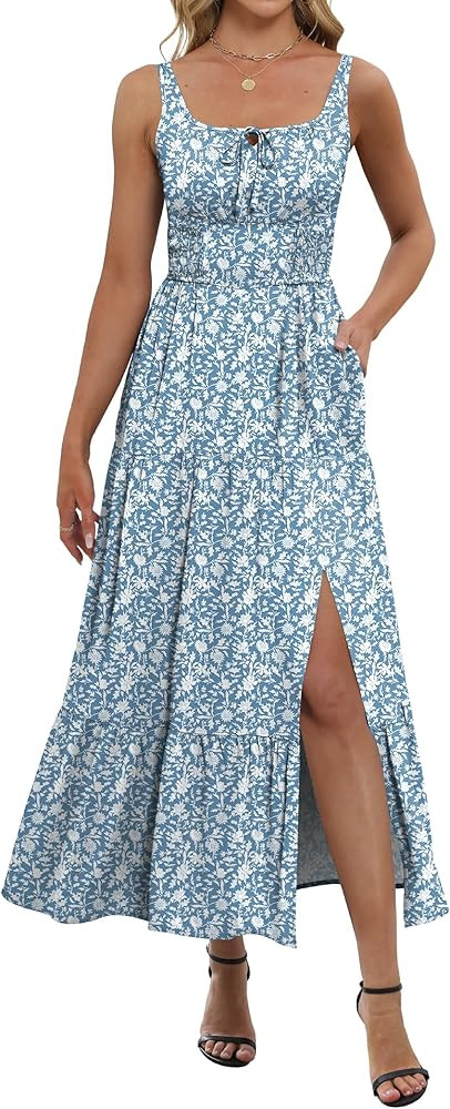 ANRABESS Women Summer Casual Floral Printed Square Neck Sleeveless Straps Elastic Waist Slit Beac... | Amazon (US)