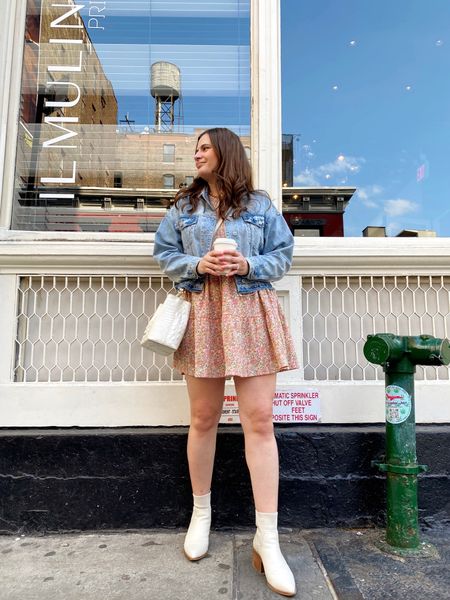 Spring outfit idea - denim jacket, floral mini dress and white boots and a white crossbody bag  

#LTKunder100 #LTKSeasonal #LTKstyletip