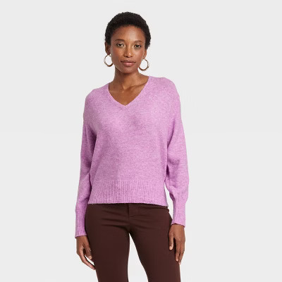 Women's Cozy Knit V-Neck Pullover Sweater - A New Day™ Purple S | Target