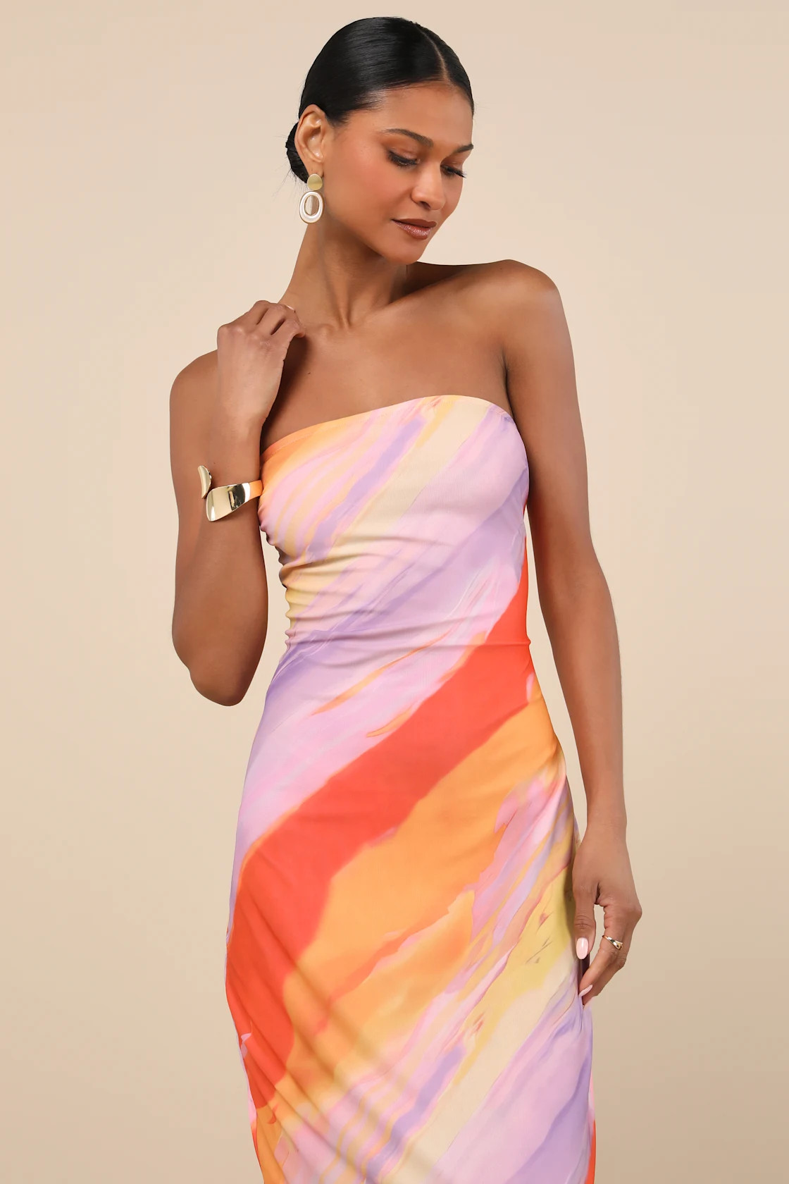 Jaylah Lavender Multi Strapless Mesh Strapless Midi Dress | Lulus