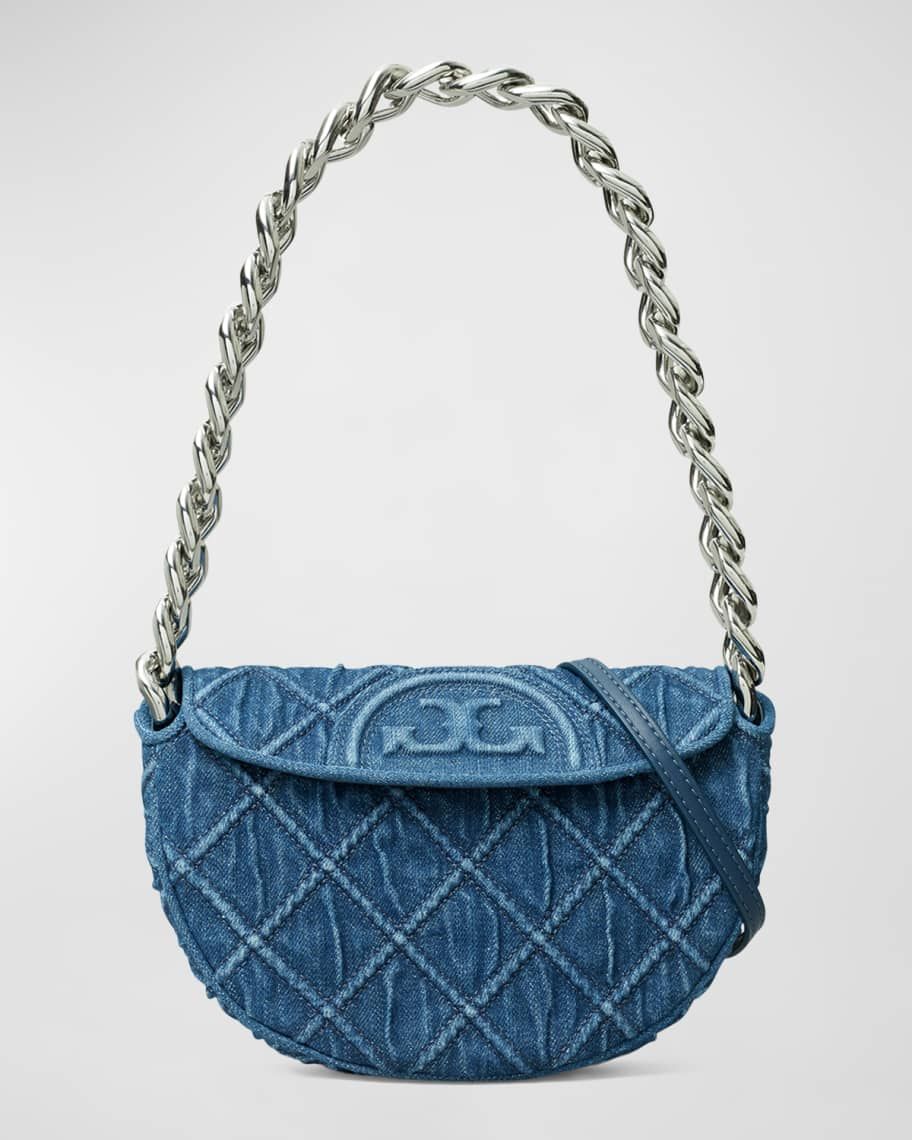 Tory Burch Fleming Mini Denim Crescent Shoulder Bag | Neiman Marcus