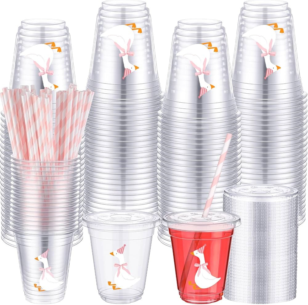 Honeydak 100 Sets Silly Goose Bow Plastic Cup with Lid and Straw 12 oz Disposable Cute Pink Bow G... | Amazon (US)
