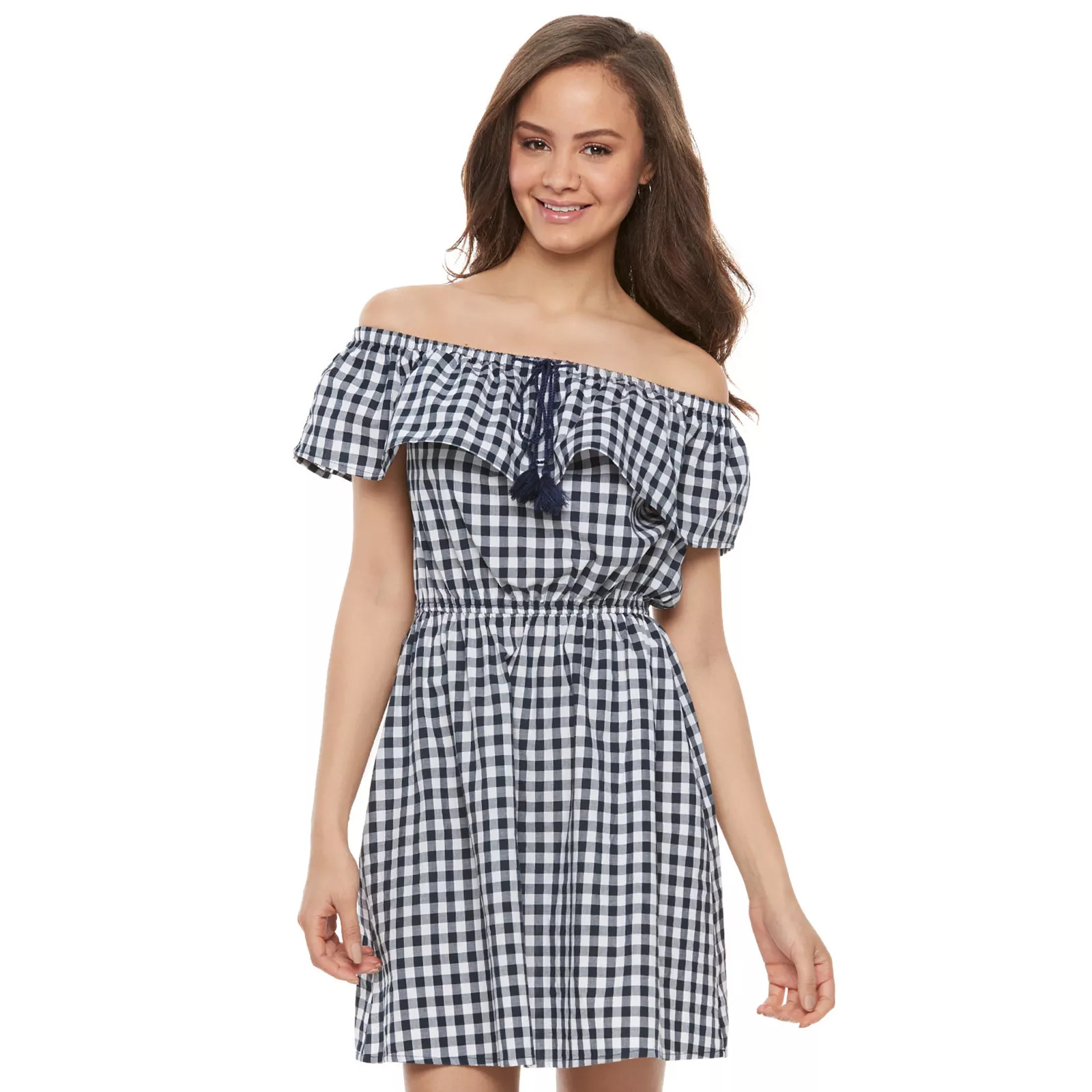 Juniors' SO® Gingham Ruffle Off The Shoulder Dress, Teens, Size: XS, Blue (Navy) | Kohl's