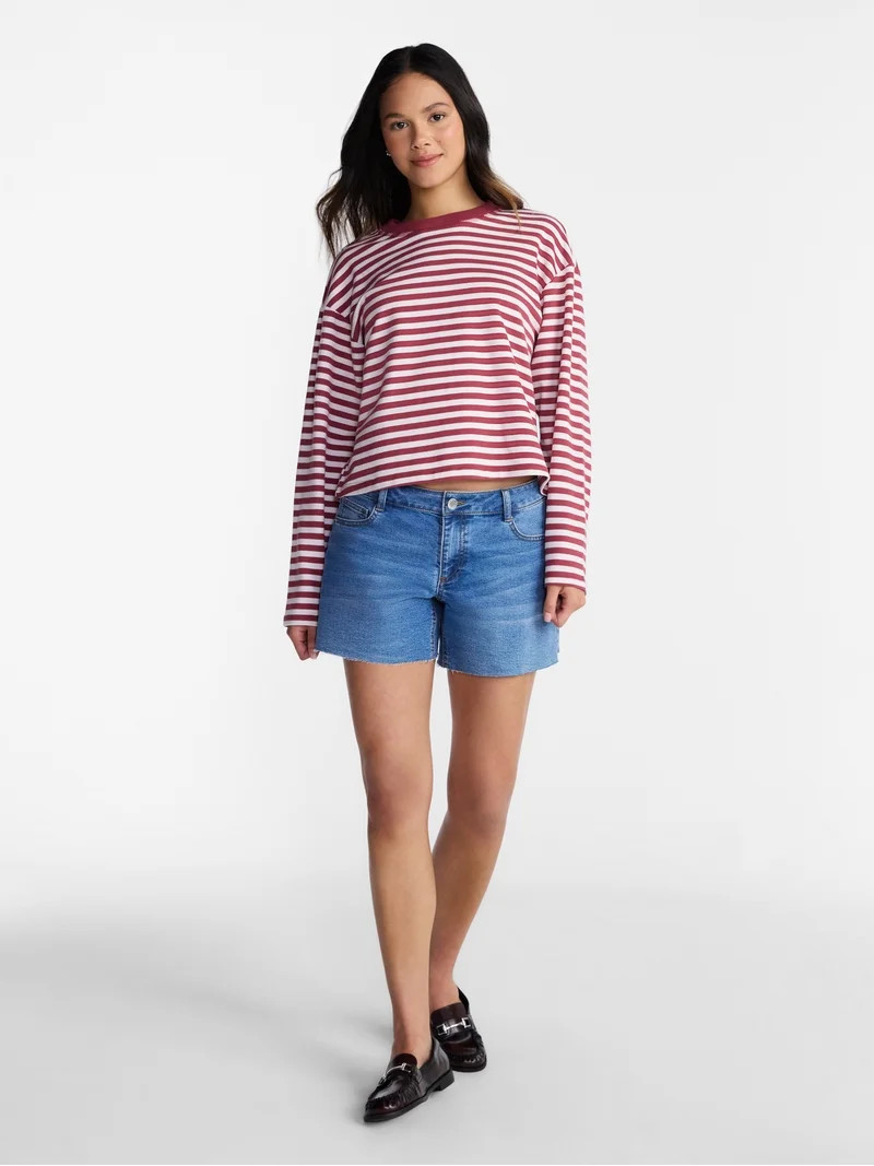 No Boundaries Oversize LS Stripe Tee, Women\u2019s Sizes XXS-XXL | Walmart (US)