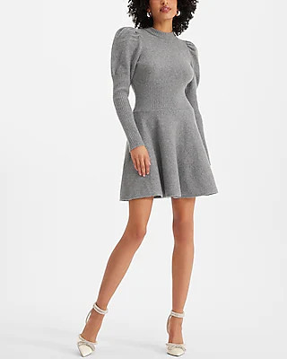 Crew Neck Puff Sleeve Satin Tie Back Sweater Dress | Express