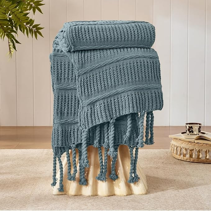Boho Knitted Chenille Blanket with Tassels - Lightweight & Soft All-Season Throw - 3D Classic Pat... | Amazon (US)