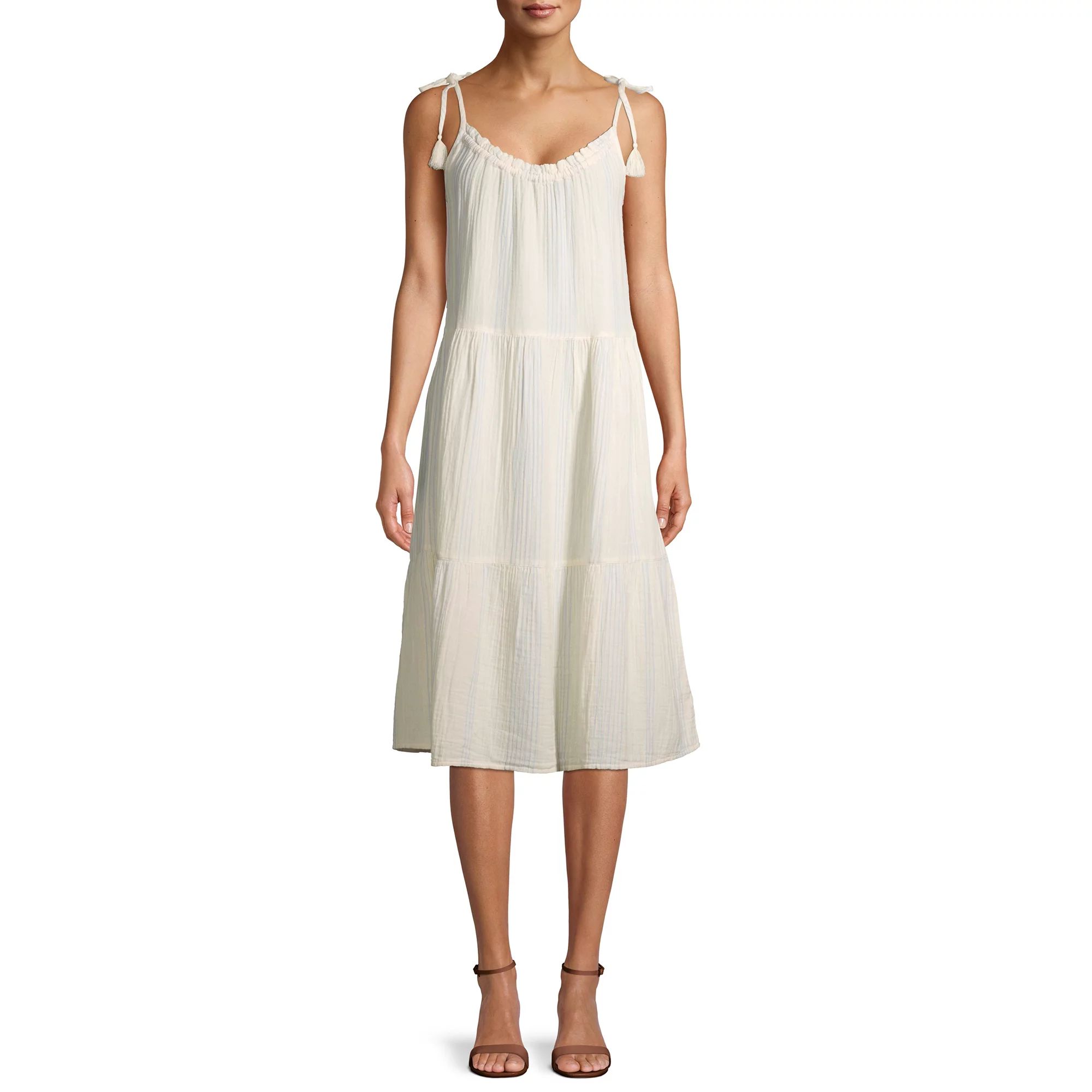 Time and Tru Women's Tiered Tie Sleeve Midi Dress | Walmart (US)