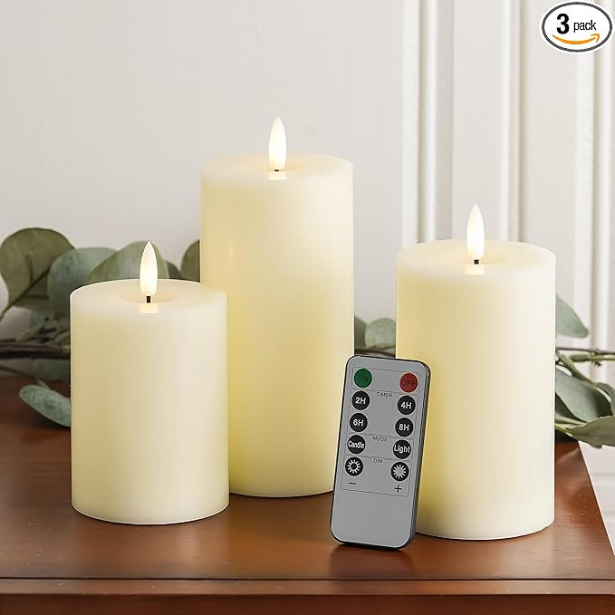 Stmarry Ivory Flameless Candles with Remote and Timer, Real Wax Made LED Pillar Candles Battery O... | Amazon (US)
