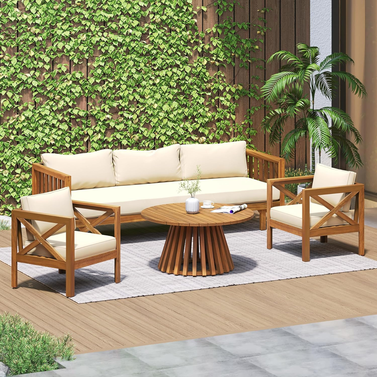 Merax Outdoor 4-Piece Acacia Wood Conversation Set - Patio 3-Seat Loveseat Sofa w/Coushion, 2 Arm... | Amazon (US)