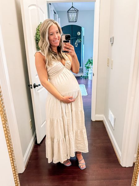 The cutest linen dress for a baby shower, wedding guest dress, bridal shower or event paired with blue strappy kitten heels for my baby boys shower! 

#LTKshoecrush #LTKstyletip #LTKbump
