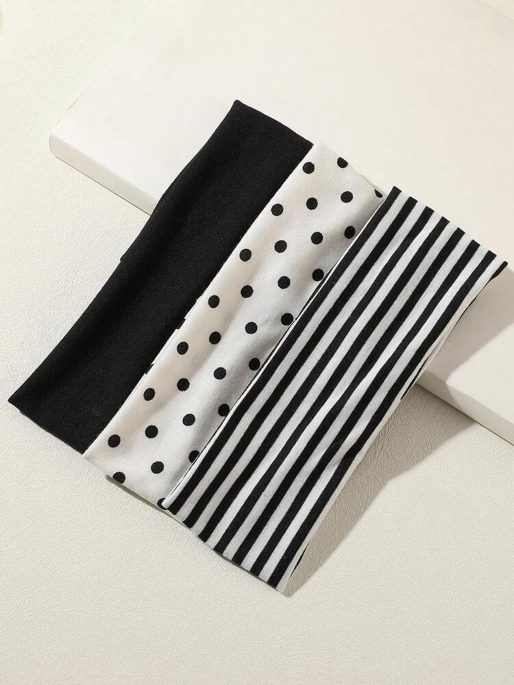 3pcs Black & White Polka Dot + Striped Elastic Sweatband, Suitable For Daily Life, Yoga, Workout, Travel, Women Hair Accessories Headbands For Women Fashion Head Wrap, School Stuff, College Autumn Accessories Women Hair Band Fall Winter For Vacation Outfits Woman Elegant Scarf Women Bandana Soft Headwrap | SHEIN