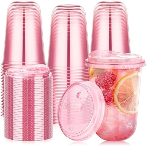 KesaPlan 50 Pack 16 oz Pink Round Bottom Plastic Party Cups with Sip Lids | Amazon (US)