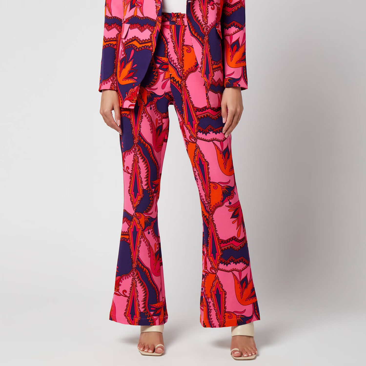 Never Fully Dressed Women's Pink Foxy Kick Flare Trousers - Dynasty Fabric | The Hut (Global)