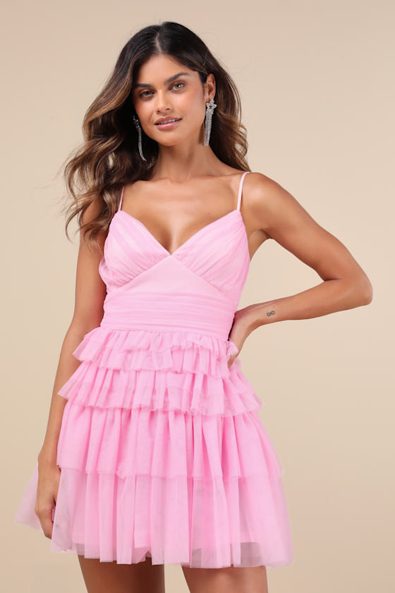 Special Poise Pink Tulle Pleated Sleeveless Tiered Mini Dress | Lulus