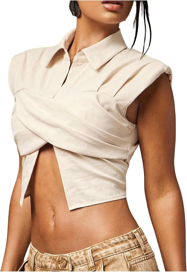 WDIRARA Women's Criss Cross Ruched Split Front Tank Tops Sleeveless Collared Fitted Shirts | Amazon (US)
