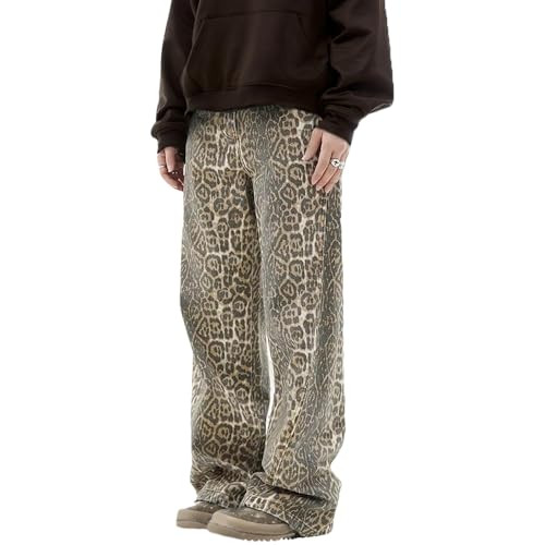 UAGVB Cheetah Print Pants Baggy Jeans Straight Leg Jeans Stretch Trendy Leopard Pull On Jeans for Women M | Amazon (US)
