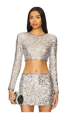 Lovers and Friends Crystal Sequin Cropped Top in Disco Silver from Revolve.com | Revolve Clothing (Global)